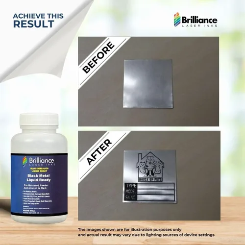 Vista 5 de Polvo de Marcado Láser Listo para Uso - Brilliance Laser Inks - BLI101MBLIQ120 - Tinta Láser Negra para Marcado en Metales con CO2/Fibra/YAG