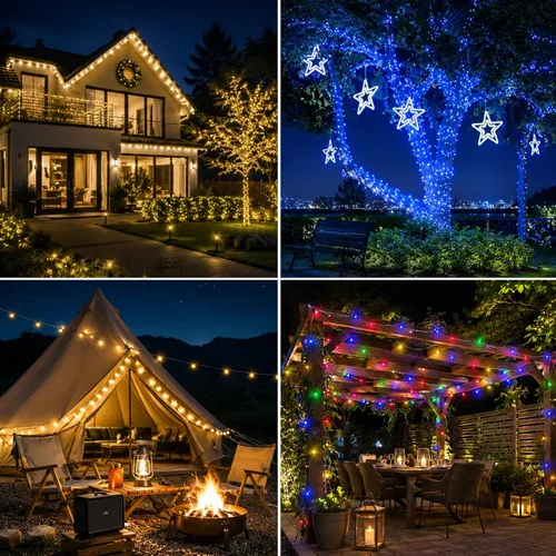 Vista 6 de Vigdur Cuerda de luces solares de 33 pies para exteriores, 100 LED, 18 luces LED que cambian de color, impermeable, con control remoto y Varios