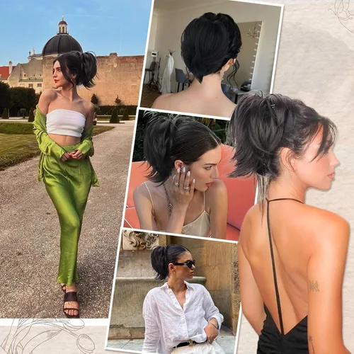 Vista 9 de BARSDAR Extensión de moño de cabello liso marrón oscuro + flequillo de clip de cabello humano