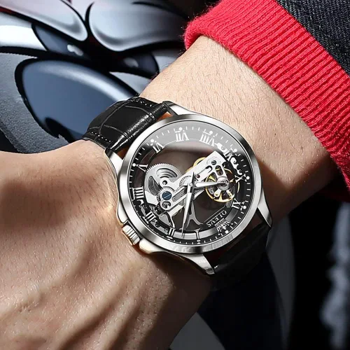 Vista 4 de OLEVS Relojes de esqueleto para hombre, automático, mecánico, de lujo, de cuero, impermeable, luminoso, reloj de pulsera para hombre