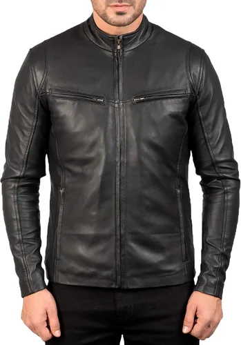 Vista 2 de Chaqueta Moto de cuero negro Hombres - 6 - Chaqueta de cuero Cafe Racer Chaqueta de cuero de piel de cordero real para hombre