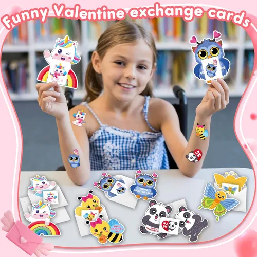 Vista 6 de Mczan Paquete de 32 tarjetas de San Valentín para el aula de niños, tarjetas de San Valentín de animales con sobres de tatuajes, tarjetas