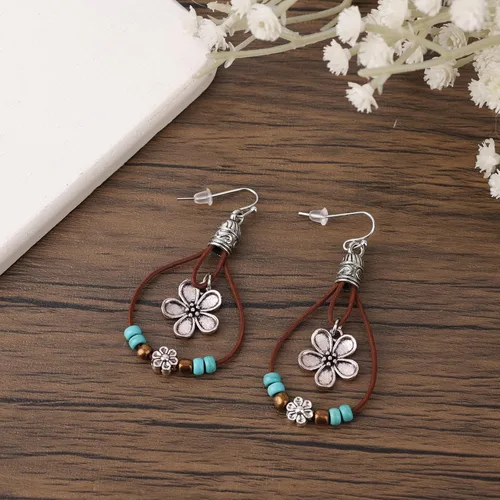 Vista 6 de Boho Flower Earrings,Bohemian Western Leather Dangle Drop Earrings with Nature Stones Vintage Handmade Country Concert Outfits Accessories for Women