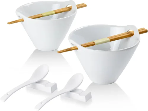 Vista 14 de UNICASA Juego de 2 cuencos japoneses para ramen con palillos, cucharas y reposos, 26 onzas, para fideos de porcelana profunda, Udon, Pho, ensalada