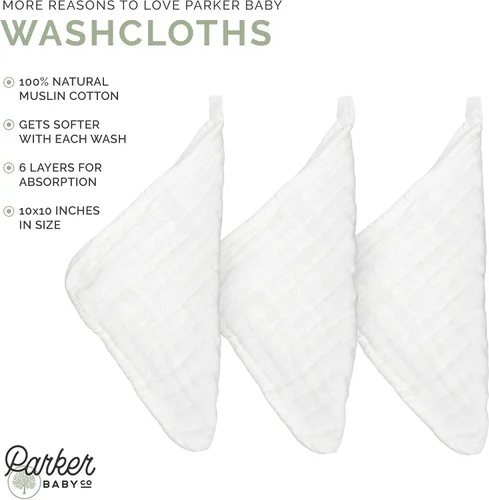Vista 8 de Parker Baby Co. - Paños de muselina 100% algodón para bebé, paquete de 6, color blanco Paños de lavado suaves y absorbentes para baños de recién