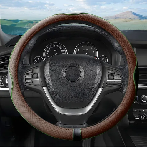 Vista 6 de Funda de cuero para volante, suave, transpirable, antideslizante, protector para automóvil, camión, SUV, ajuste universal de 15 pulgadas