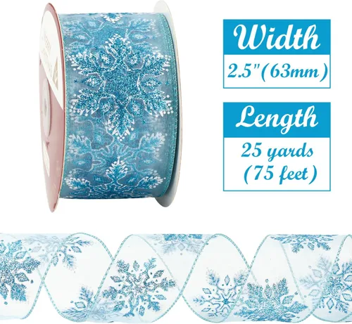 Vista 2 de HUIHUANG Cinta con alambre con purpurina de copo de nieve, cinta de copo de nieve azul y blanca para árbol de Navidad, 2-1/2 pulgadas x 25 yardas