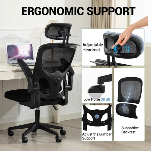 Vista 8 de Silla de oficina ergonómica, malla para silla de oficina con brazos Negro clásico