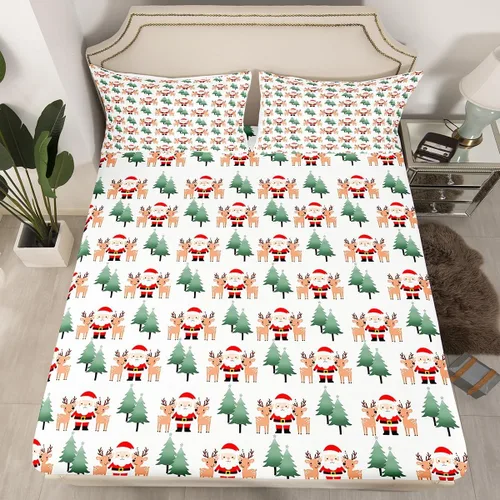 Vista 26 de Juego de sábanas con diseño de Papá Noel y muñeco de nieve para niños, niñas y niños, de temática navideña, juego de cama con diseño de árbol