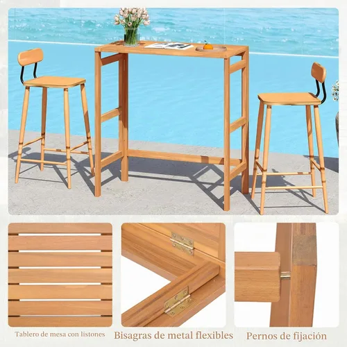 Vista 9 de Tangkula Mesa de bar plegable de madera de acacia para exteriores, mesa rectangular para patio, mesa de bar con mesa de listones, para balcón