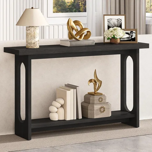 Vista 3 de Mesa consola negra, mesa de entrada de madera de 55 pulgadas, mesas estrechas para sofá, mesas de pasillo para sala de estar, entrada, vestíbulo