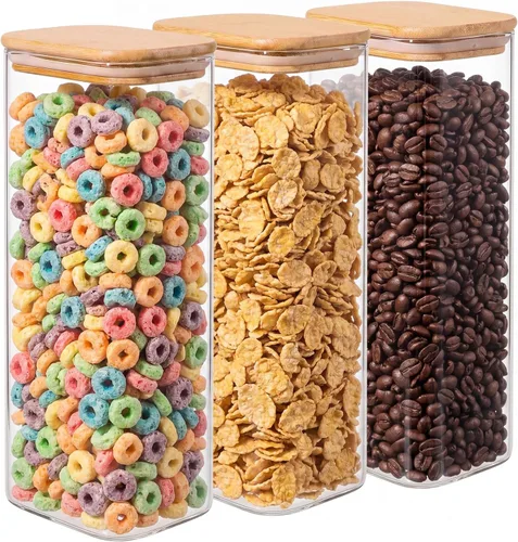 Vista 11 de Paquete de 6 tarros de almacenamiento de vidrio rectangulares pequeños de 0.7 cuartos de galón con tapas de bambú Minimalist Kitchen