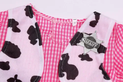 Vista 3 de Disfraz de vaquera para niñas, vestido de vaquera occidental de Halloween con sombrero de vaquero rosa