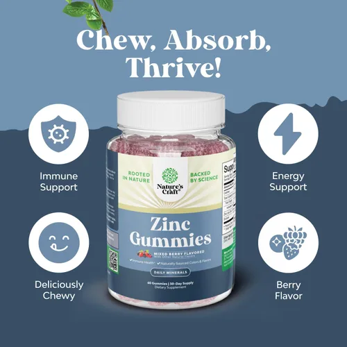 Vista 3 de Gomitas de zinc extra fuertes para adultos, suplementos de zinc masticables para mujeres y hombres para apoyo energético e inmunológico, vitaminas