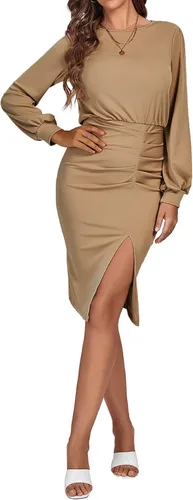 Vista 5 de Rooscier Vestido midi de punto acanalado con cuello redondo y manga larga abombada para mujer