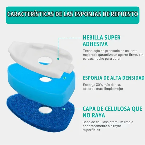 Vista 6 de Varita para platos con asa, 4 cabezales de esponja de repuesto antiarañazos Azul