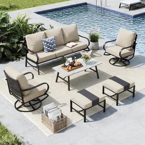 Vista 9 de MFSTUDIO Juegos de muebles de patio, sofás de conversación de metal para exteriores con 1 sofá de 3 asientos para jardín, cojín beige