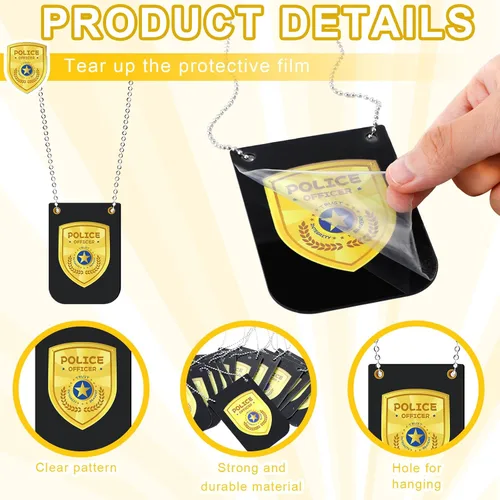Vista 3 de 12 piezas de insignias de policía de juguete de simulación para niños, detective, policía, policía fbi, accesorio de insignia falsa con cadena