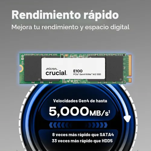 Vista 2 de Unidad de estado sólido SSD Crucial E100 de 480 GB M.2 NVMe PCIe Gen4 interna, hasta 4,700 MB/s, compatible con laptop y computadora de escritorio