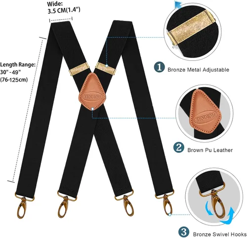 Vista 2 de MENDENG Tirantes para hombre ganchos giratorios de alta resistencia soporte ajustable retro con espalda en X