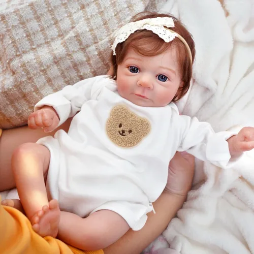 Vista 3 de Bebé recién nacido realista y lindo de 17 pulgadas abrió los ojos con ojos brillantes cabello castaño llamada Anne, muñecas realistas que se ven