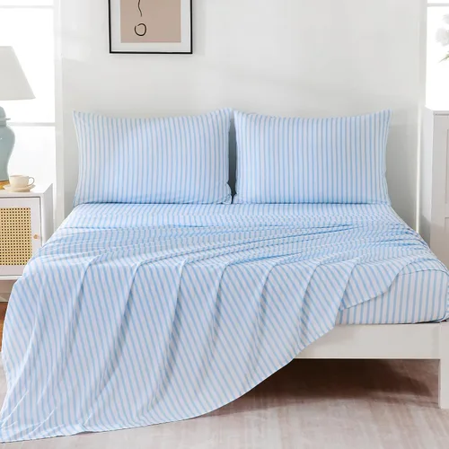 Vista 33 de MCO Juego de sábanas a rayas de 4 piezas, juego de sábanas Full transpirable con bolsillo profundo de 16", moderno y lujoso, juego de ropa de cama