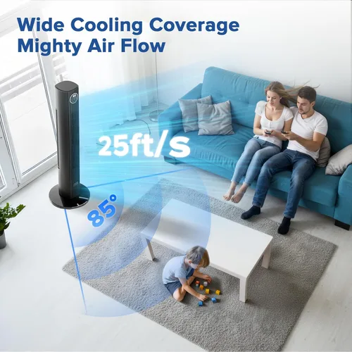 Vista 4 de Electactic Ventilador de torre para dormitorio, ventilador de pie de 25 pies/s, ventilador oscilante de 85° con control remoto, 3 velocidades, 4