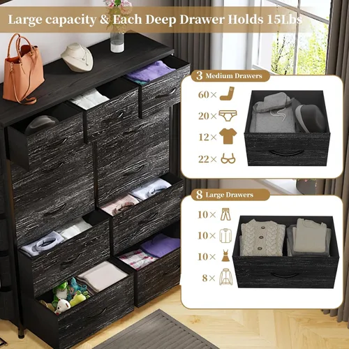 Vista 23 de Cómoda de almacenamiento de tela con 11 cajones para organización del dormitorio, cómoda con estantes profundos, bolsillos laterales y ganchos, Negro