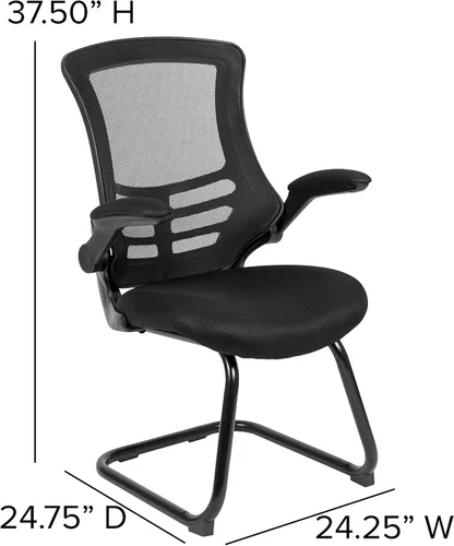 Vista 2 de BizChair Silla de recepción lateral con base de trineo de malla negra con brazos abatibles-sala de espera de oficina
