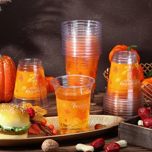 Vista 5 de Sliner Vasos de plástico desechables de Acción de Gracias, hojas de otoño y otoño, tazas de plástico transparente con patrón de hoja de arce