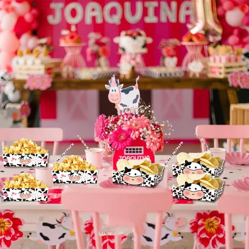 Vista 3 de Bandejas de papel desechables con estampado de vaca, 24 unidades, diseño de vaca sagrada, Im One, decoraciones de cumpleaños, bandejas de nachos