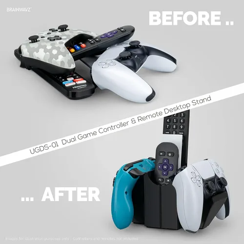 Vista 8 de BRAINWAVZ Dual Game Controller TV Remote Control Storage Desktop Holder Universal Design for Xbox ONE PS5 PS4 PC Gamepads Reduce Clutter UGDS-01