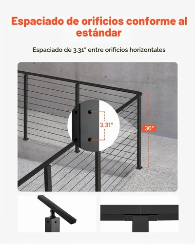 Vista 4 de VEVOR Poste de barandilla de cable de esquina, 10 agujeros, kit de sistema de barandilla de cable de acero inoxidable de 36 x 1 x 2 pulgadas