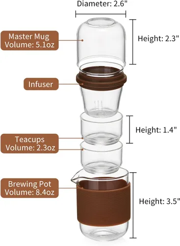 Vista 2 de DOPUDO Taza de Té de Vidrio, Taza de Té con Infusor, Juego de Té, Juego de Tetera de Vidrio Portátil con 1 Colador, 2 Tazas, 1 Taza Principal, Taza