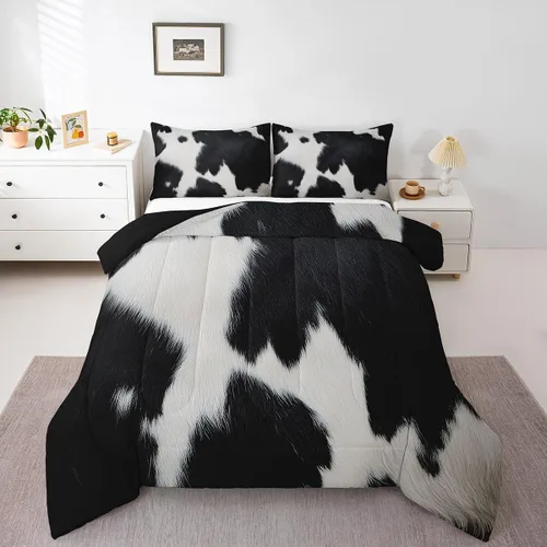 Vista 9 de Juego de edredón con estampado de vaca marrón para niñas y niños, edredón de plumón de piel de vaca de las tierras altas, ropa de cama de piel