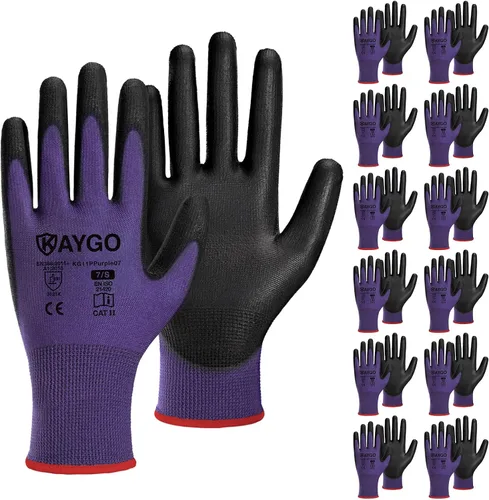 Vista 27 de KAYGO KG11PB - Guantes de trabajo de seguridad con revestimiento de poliuretano, 12 pares de guantes de punto sin costuras para hombres y mujeres