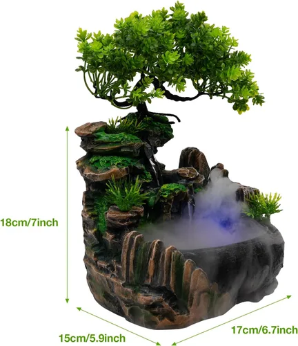 Vista 5 de Fuente de rocalla, fuente de agua de mesa, cascada china de escritorio Fengshui para interiores con lámpara LED efecto de atomización, adecuada