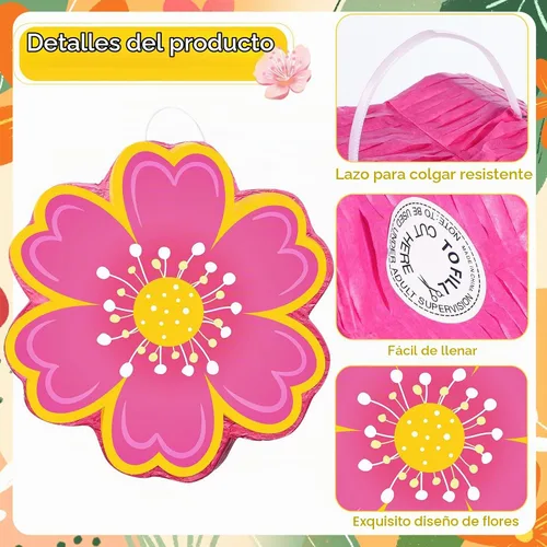 Vista 5 de Aoriher Juego de piñata de margarita con venda y piñata de flor rosa Rosa intenso