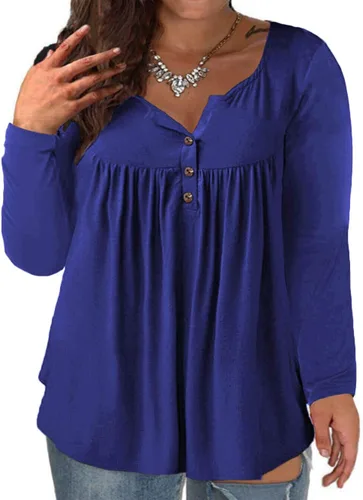 Vista 25 de VISLILY - Camisas tipo túnica de mujer, de manga larga, estilo Henley, talla plus, blusas con botones y plisadas 01_ negro