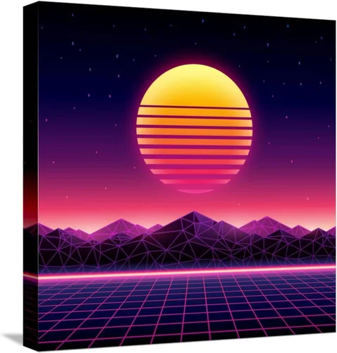 Vista 9 de ART.COM Wall Art Print Retro Futuristic Background 1980S Style. Digital Landscape in a Cyber World. Retro Wave Music Album on Black Frame by Kelvin