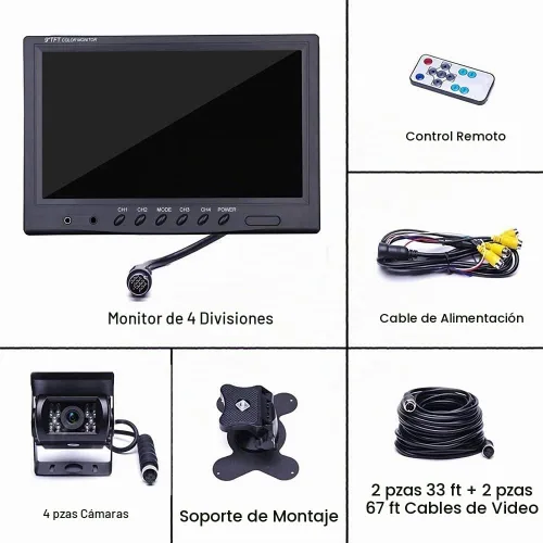 Vista 4 de Cámara de respaldo para vehículo, Camecho de 9 pulgadas, 4 monitores divididos + 4 cámaras con cámara de visión frontal y trasera, 18 IR de visión