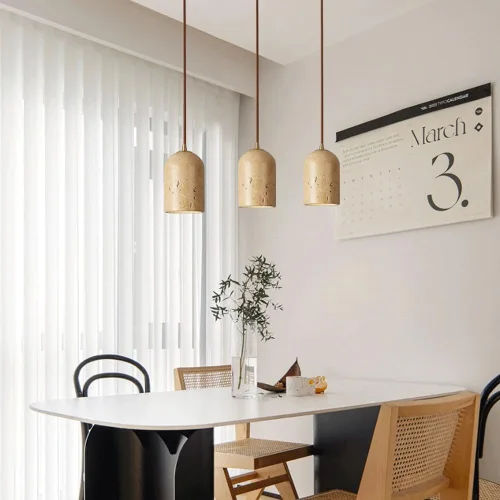Vista 4 de Mini lámpara de isla de cocina, lámpara colgante de techo de cúpula de madera japonesa Wabi-Sabi con pantalla de travertino amarillo, lámpara