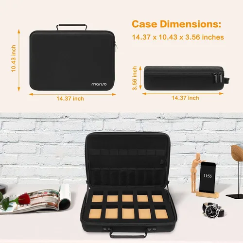 Vista 2 de MOSISO Caja de reloj, 10 ranuras para relojes, organizador de exhibición de relojes para hombres, organizador de caja de reloj portátil con asa