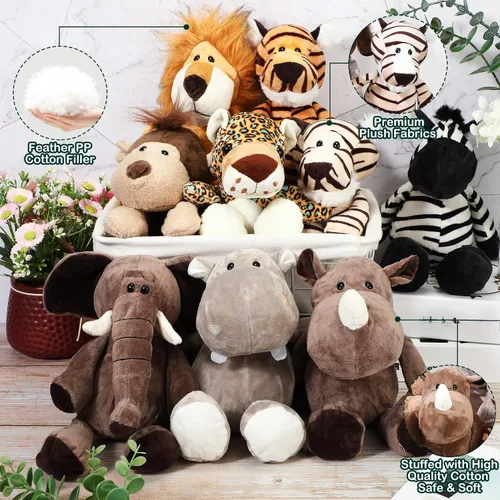 Vista 2 de HyDren 20 Piezas Animales de Peluche de Safari - 11.8'' Animales Salvajes de la Selva de Peluche Lindos Elefante, Jirafa, León, Tigre, Mono Animales