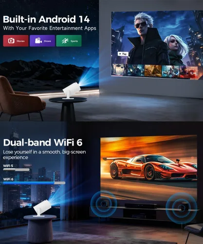 Vista 4 de Magcubic HY300PRO Mini proyector con WiFi y Bluetooth, soporte 4K inteligente proyector portátil Keystone automático, control remoto de mouse