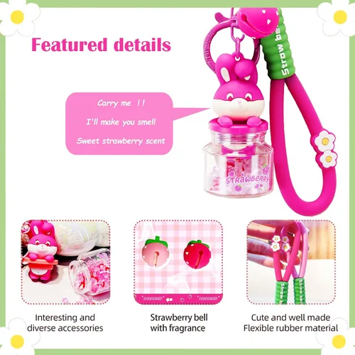 Vista 2 de YOU WIZV Llavero líquido Kawaii rosa lindo anime fresa conejo aroma mochila llaveros para mujeres niñas