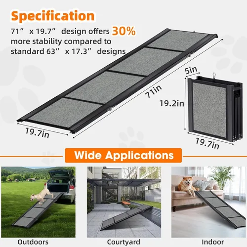 Vista 5 de Rampa para Perros para Coche 𝟕𝟏”𝐱𝟐𝟎” Grandes Rampas de Escalones Plegables para Mascotas para Camiones, SUV, con Superficie Antideslizante, Hasta