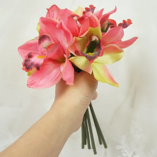 Vista 3 de Paquete de 7 tallos de orquídea Cymbidium de flores artificiales Bubblegum