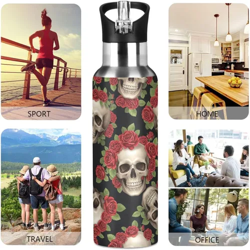 Vista 5 de BPA-Free Sport Water Bottle 32 Oz, Stainless Steel Water Bottle for Gym Outdoor Travel School, Skulls Vibrant Red Roses