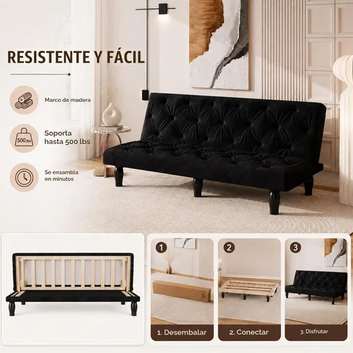 Vista 7 de Anwick Sofá cama futón 3 en 1, sofá cama de terciopelo de 66 pulgadas con respaldo ajustable, sofá reclinable multifuncional para espacios pequeños